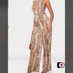 Tan Snake Print Halterneck Wide Leg Jumpsuit - Size 4